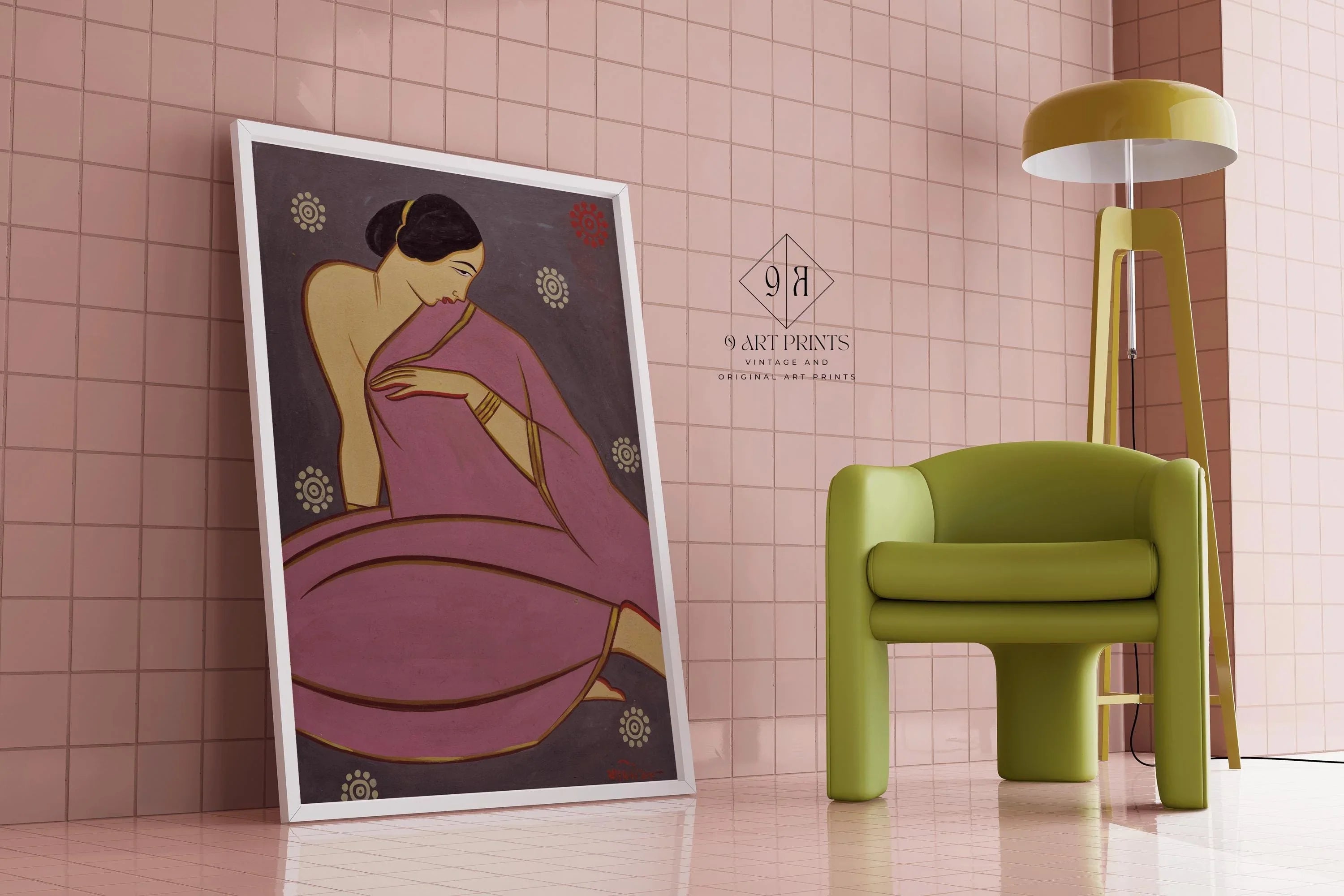 Jamini Roy Woman in Pink Sari Art Print: Bengali Folk Art - 9ArtPrints
