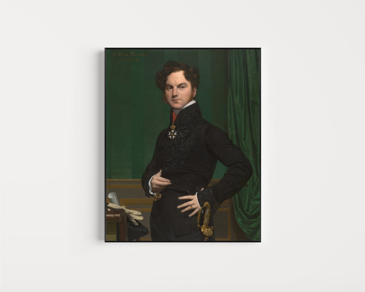 Framed art print of Amédée-David, the Comte de Pastoret by Jean-Auguste-Dominique Ingres, in a slim black frame on a plain white wall