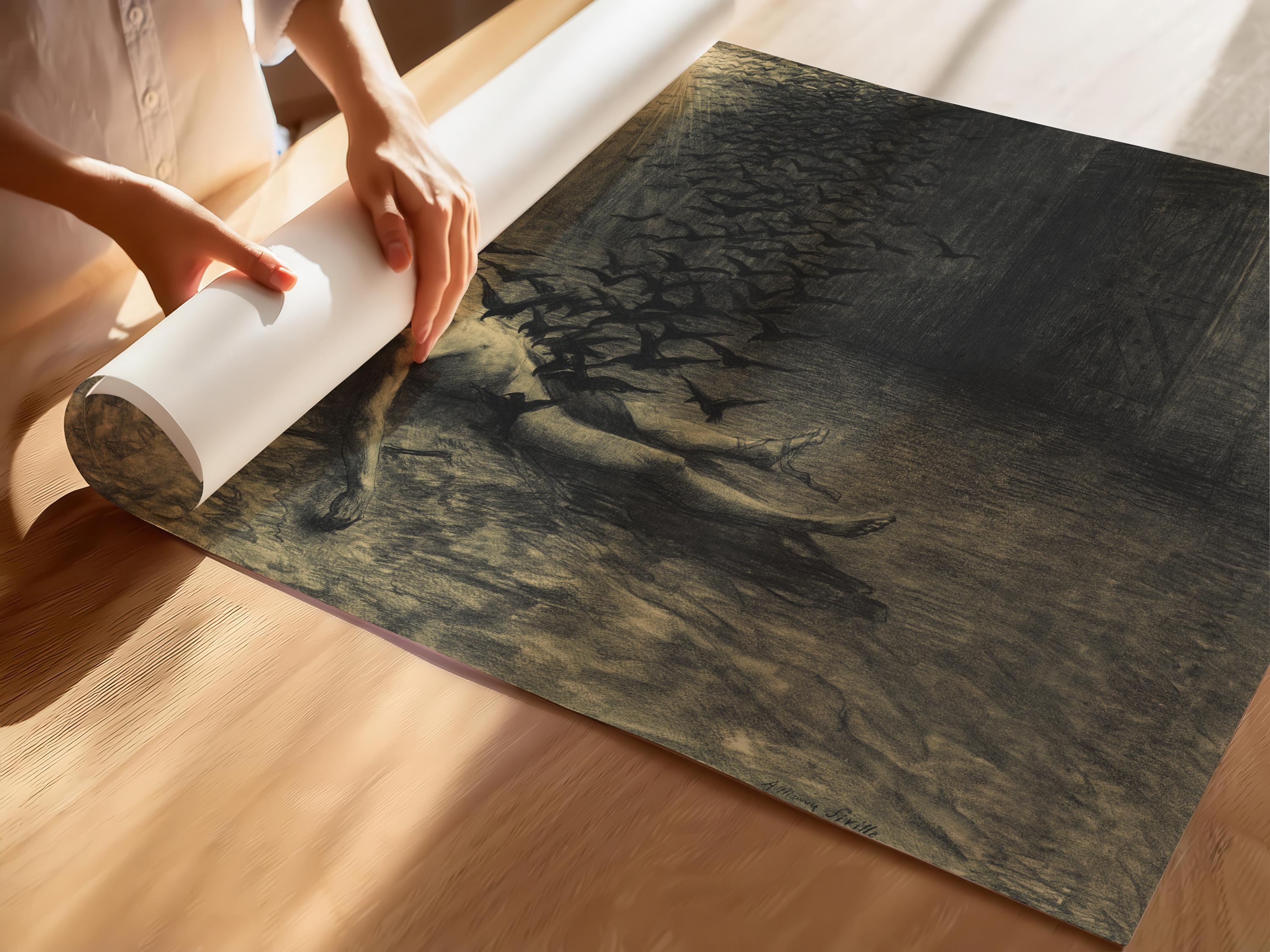 Jean Delville Print: Symbolist Birds of Lake Stymphale, Vintage Sketch Art - 9ArtPrints