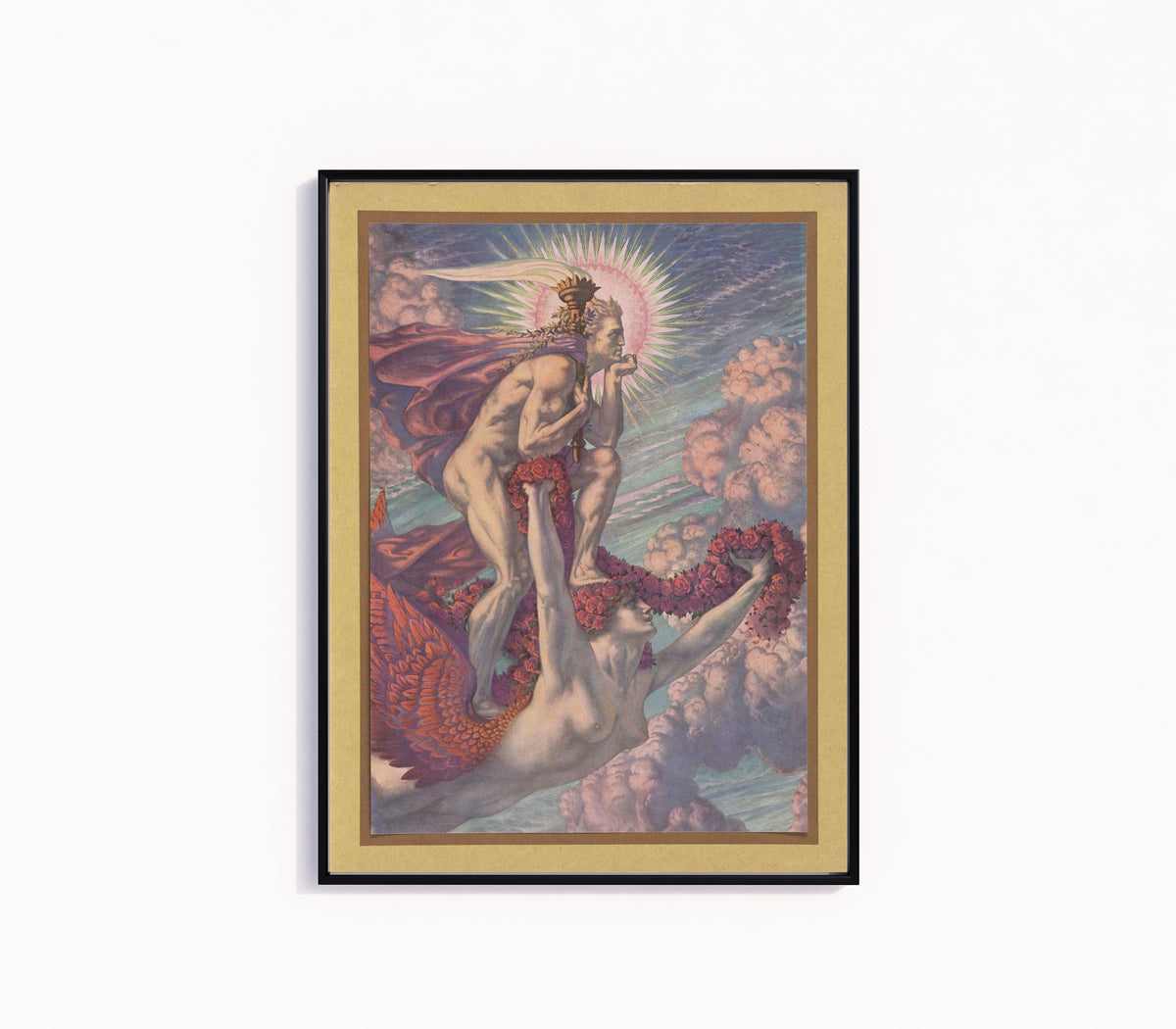 Framed art print of The Victorious Genius (1900) by Jean Delville, in a slim black frame on a plain white wall