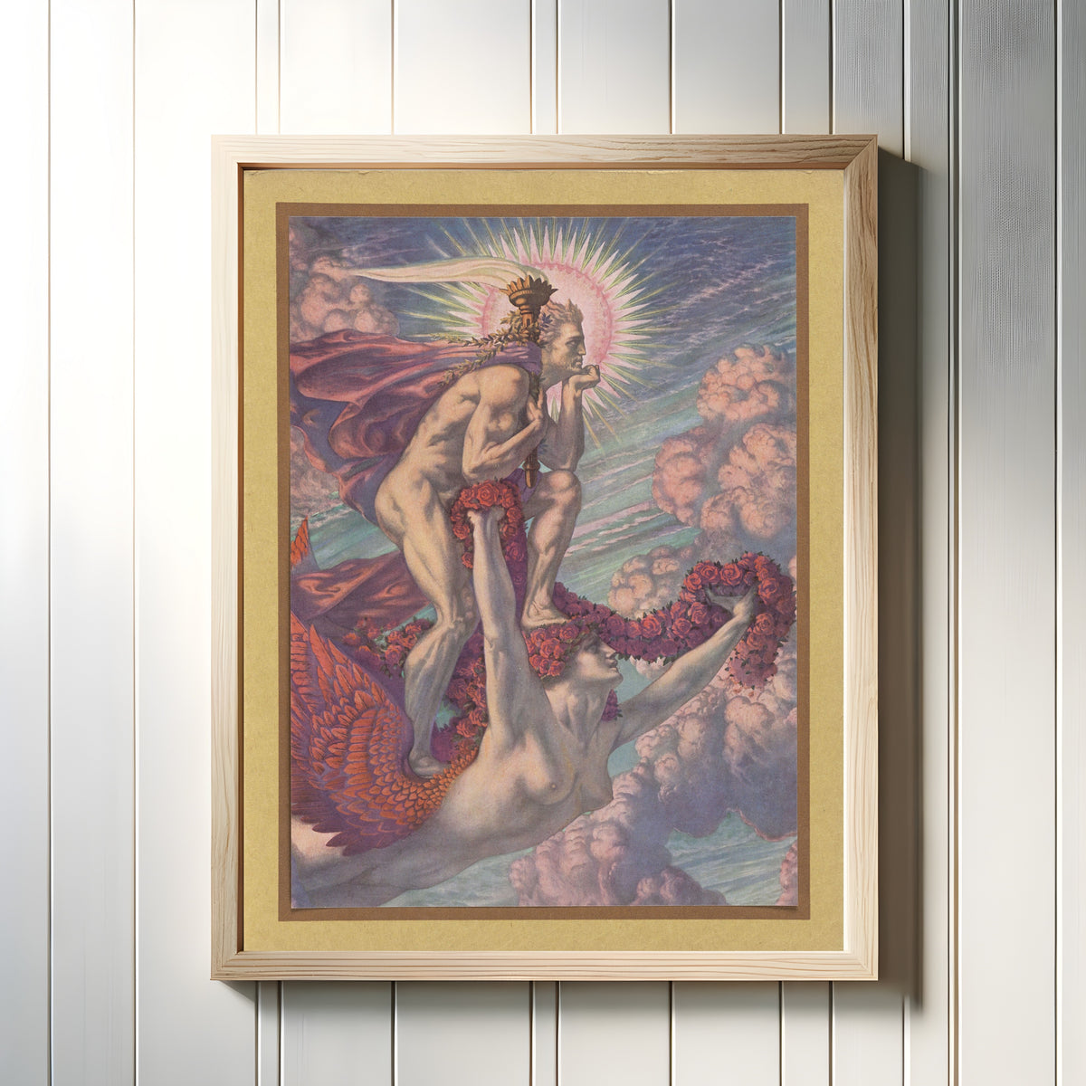 Framed art print of The Victorious Genius (1900) by Jean Delville, in a light wood frame on a white panelled wall