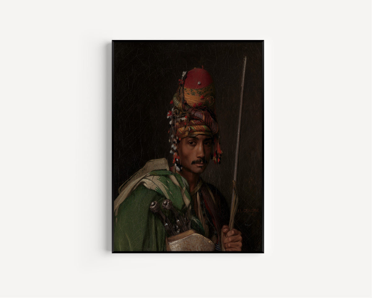 Bashi-Bazouk by Jean-Léon Gérôme — in a slim black frame on a plain white wall