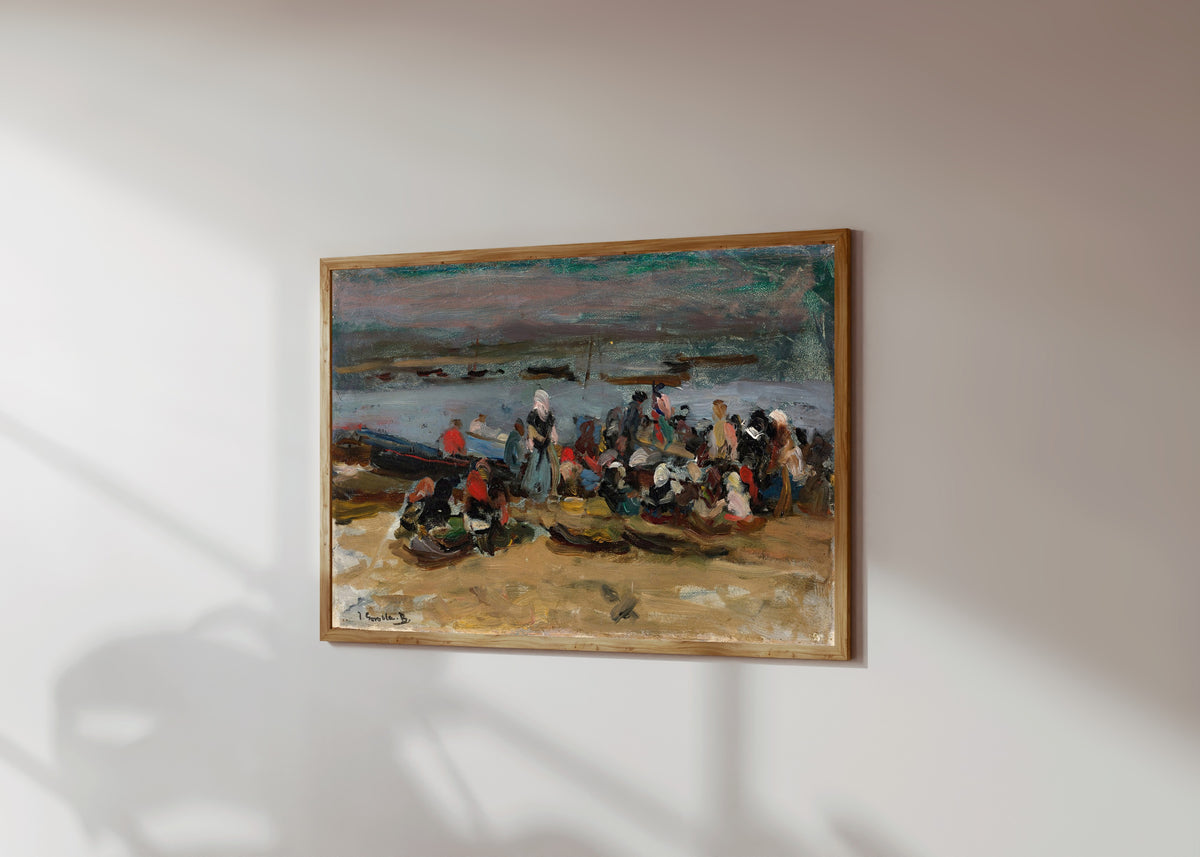 Framed art print of At the Estuary, Asturias (Las Carboneras) by Joaquín Sorolla, in a light wood frame on a sunlit white wall, seen at a slight angle