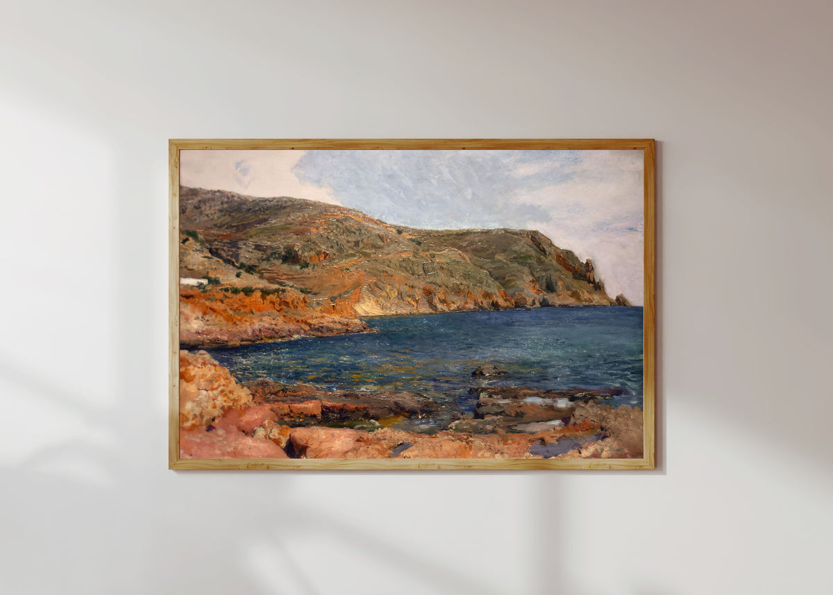 Framed art print of Cape San Antonio, Jávea by Joaquín Sorolla, in a light wood frame on a sunlit white wall