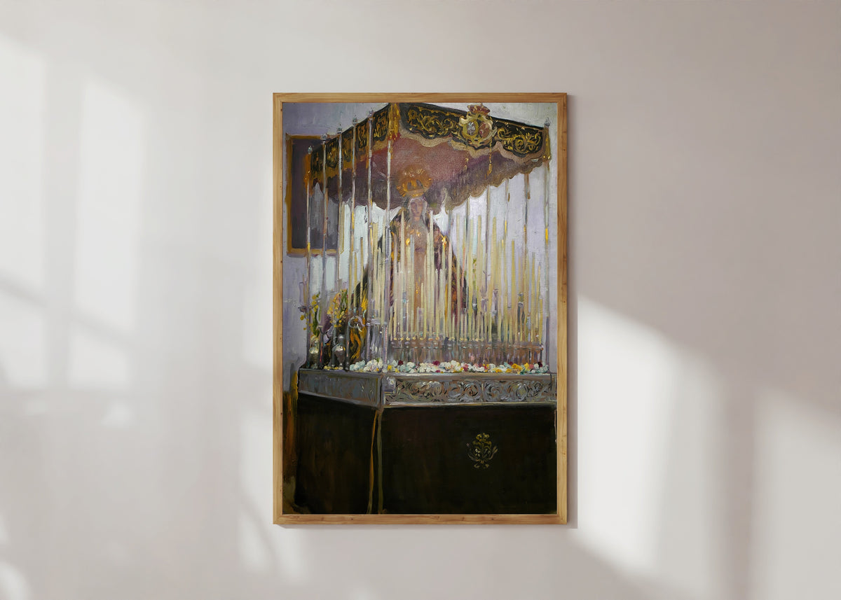 Framed art print of Float of the Virgen del Rosario de Montesión, Seville by Joaquín Sorolla, in a light wood frame on a sunlit white wall