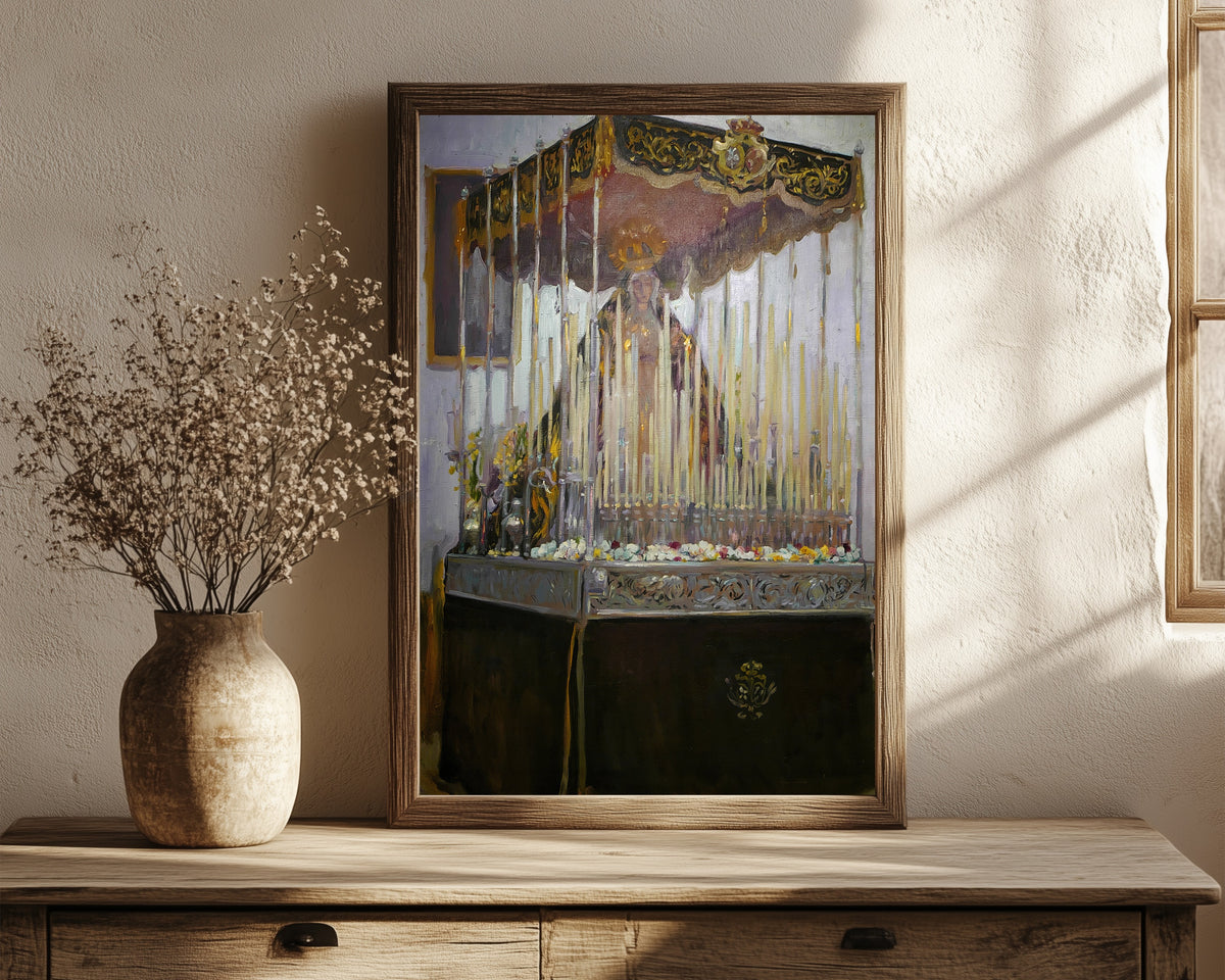 Framed art print of Float of the Virgen del Rosario de Montesión… by Joaquín Sorolla, in a dark wood frame leaning on a rustic console beside dried flowers