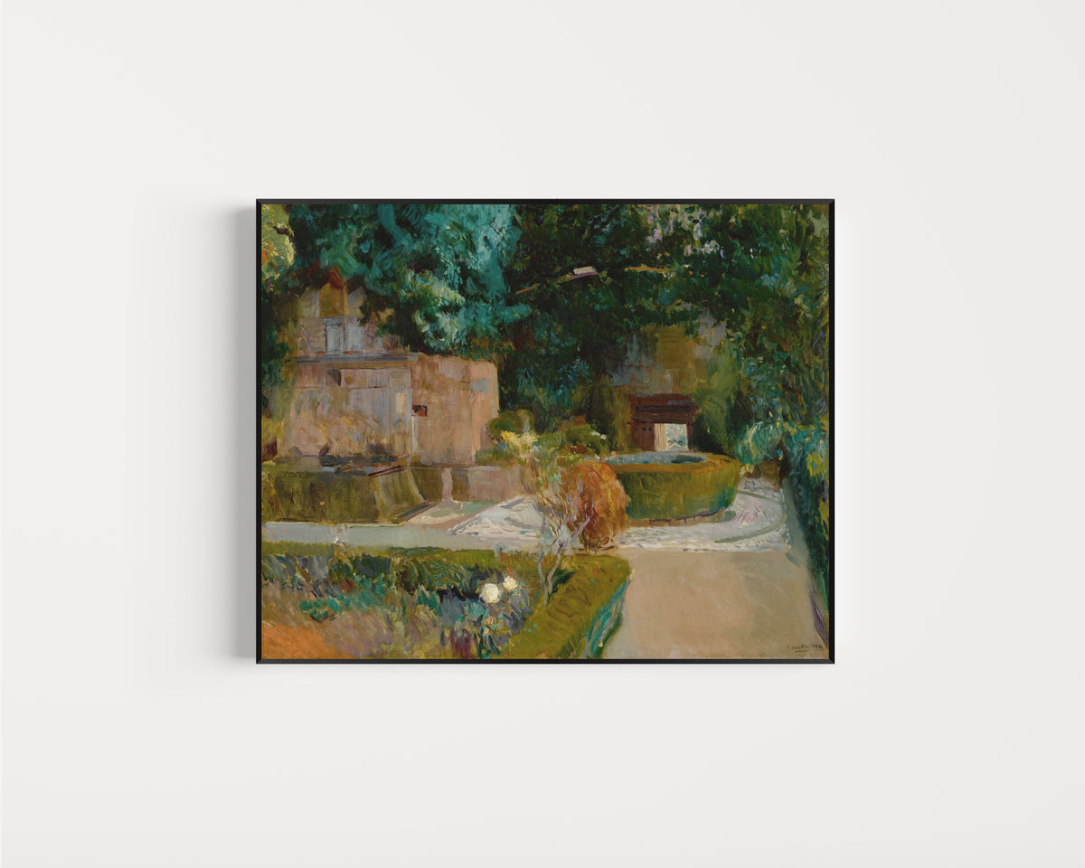 Framed art print of Garden of the Adarves, Alhambra, Granada by Joaquín Sorolla, in a slim black frame on a plain white wall