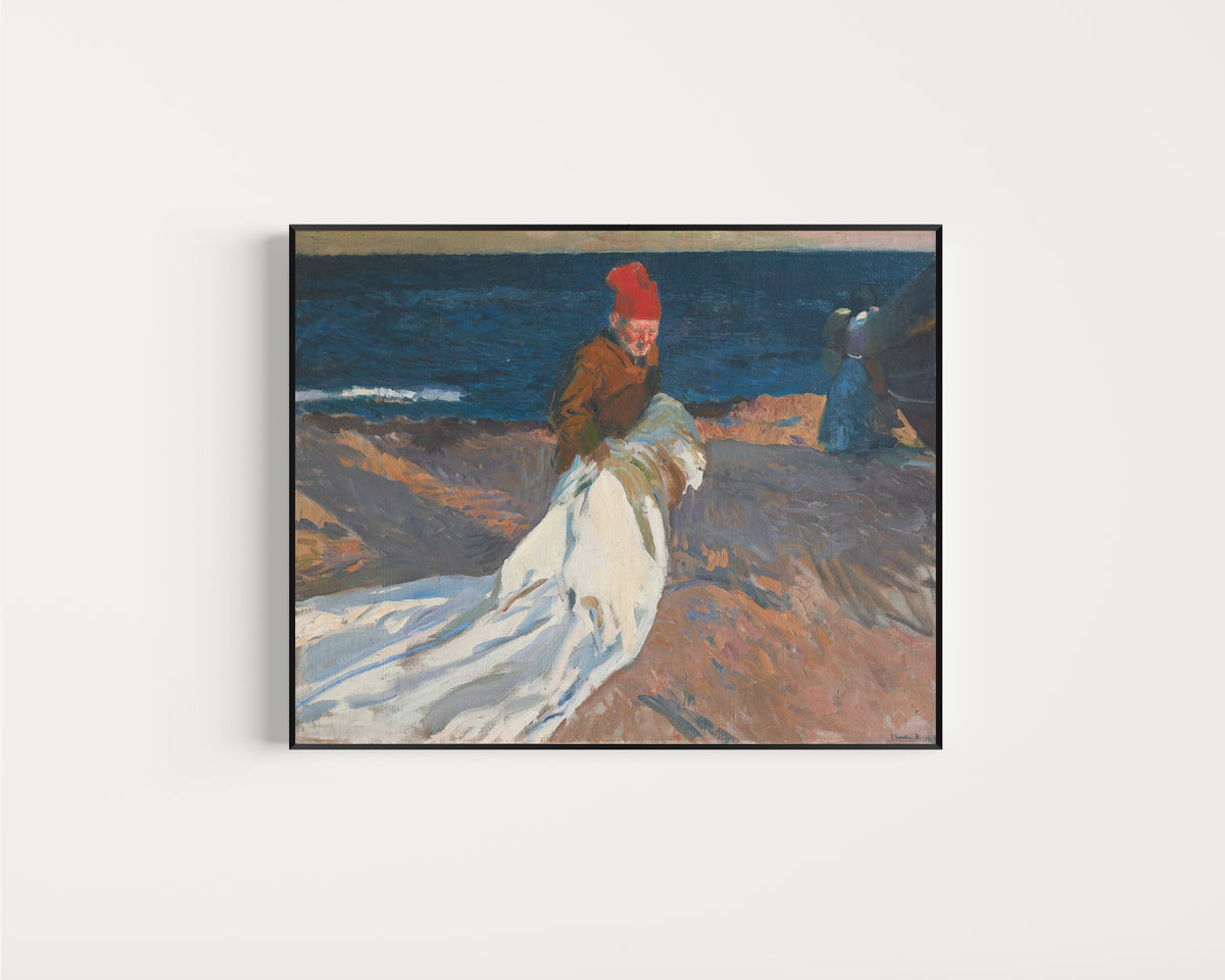 Framed art print of Gathering the Sail, Valencia Beach by Joaquín Sorolla, in a slim black frame on a plain white wall