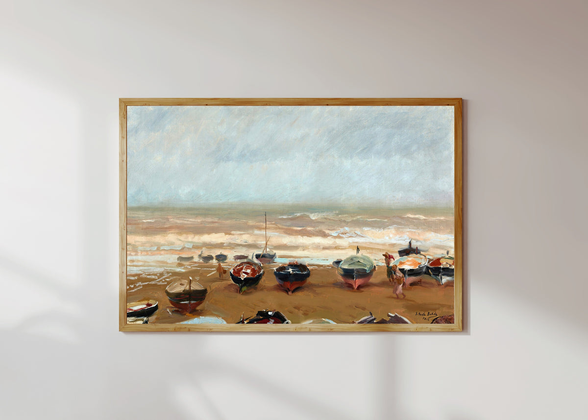 Framed art print of Stormy Afternoon (Tarde tormentosa) by Joaquín Sorolla, in a light wood frame on a sunlit white wall