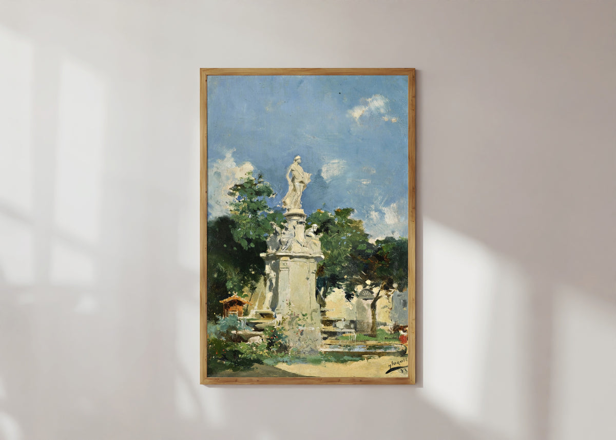 Framed art print of The Fountain of Apollo, Madrid by Joaquín Sorolla, in a light wood frame on a sunlit white wall