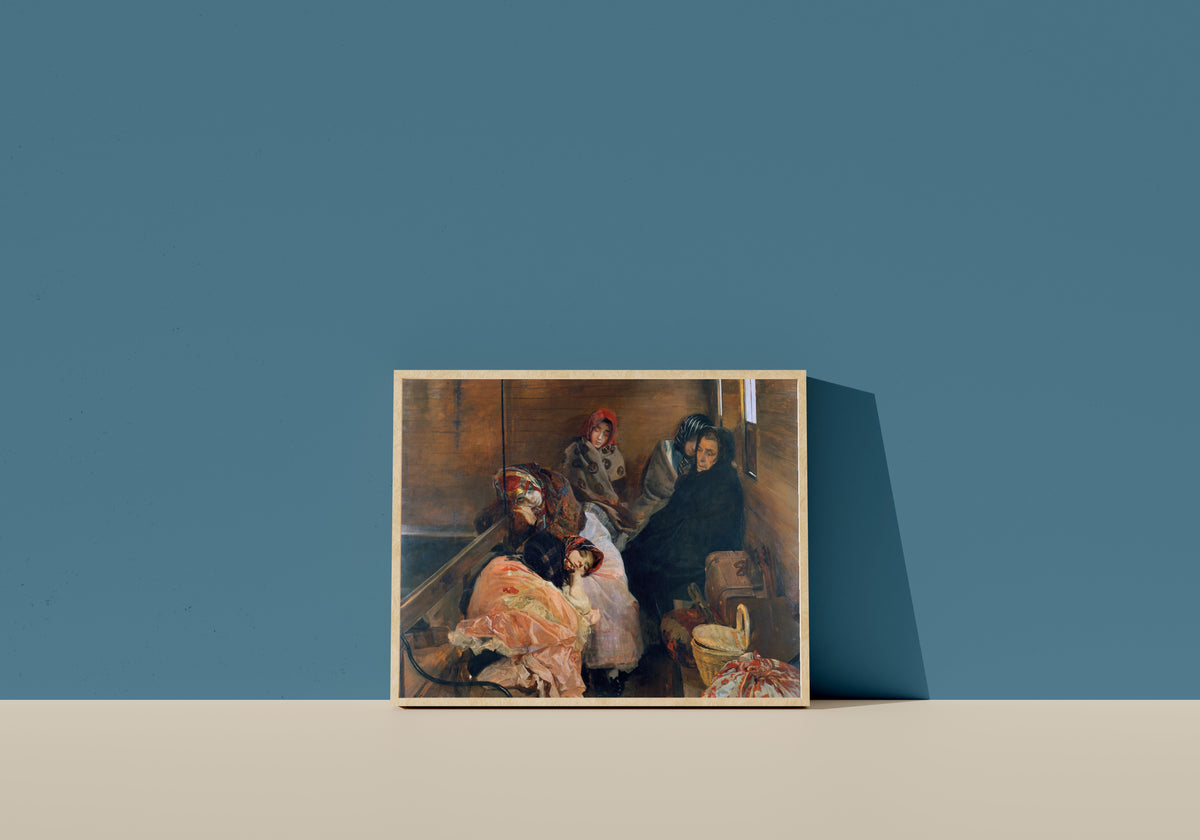 Framed art print of White Slave Trade (Trata de blancas) by Joaquín Sorolla, in a light wood frame leaning on a blue wall