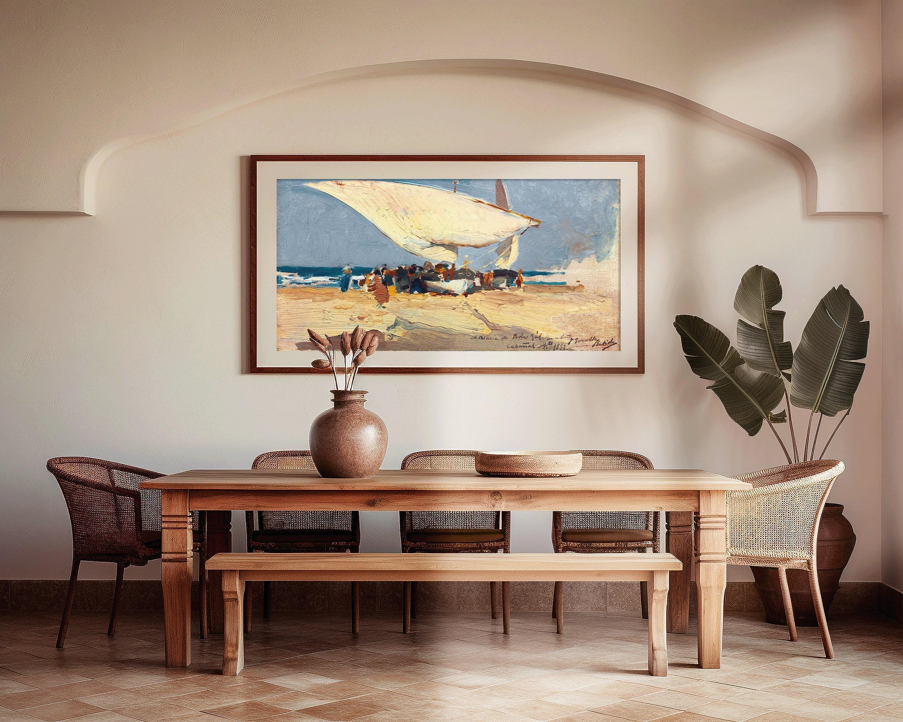 Joaquín Sorolla y Bastida - Return of the Catch (Valencia Beach) Classic Impressionist Wide Panoramic Art (available framed or unframed) 2x1 - 9ArtPrints