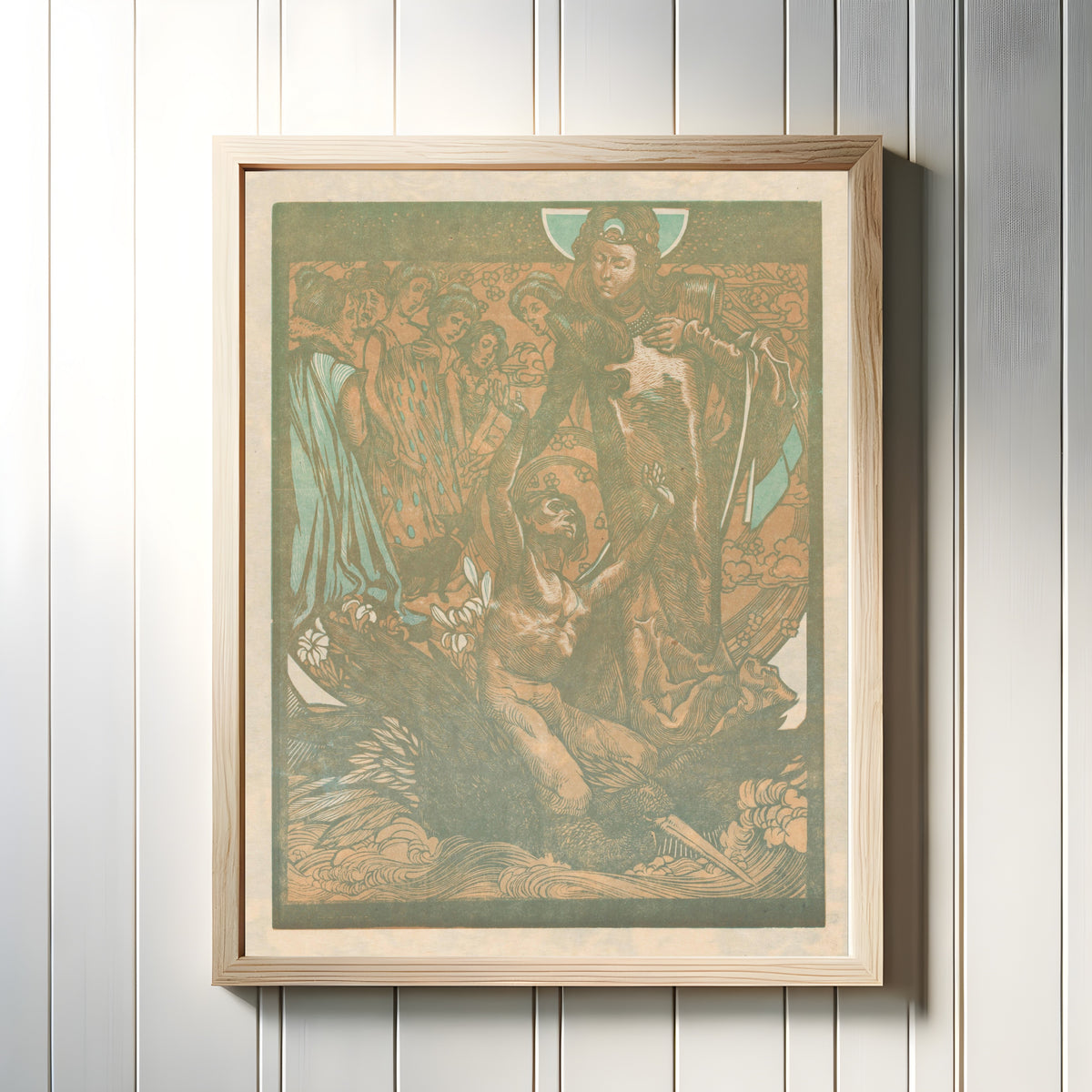 Framed art print of Vrouwenfiguren met man op rug van vogel [Female figures with… by Johannes Josephus Aarts, in a light wood frame on a white panelled wall