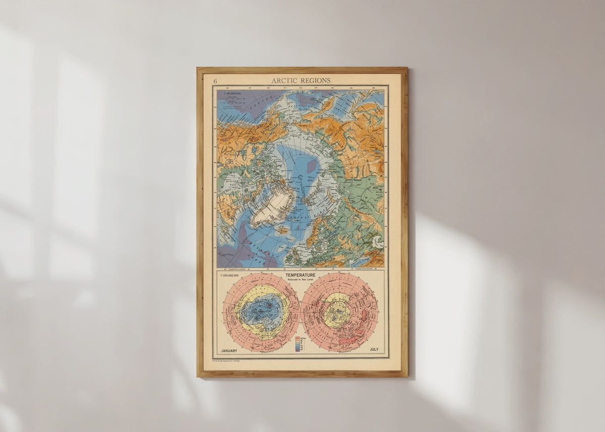 Framed art print of Arctic Regions: Temperature, January and July by John Bartholomew & Son, in a light wood frame on a sunlit white wall