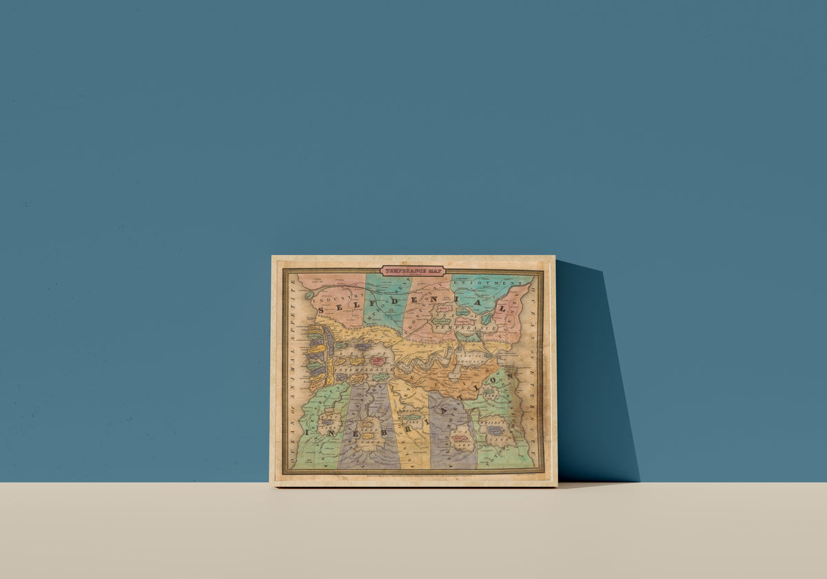 Framed art print of Temperance Map by John Christian Wiltberger Jr., in a light wood frame leaning on a blue wall