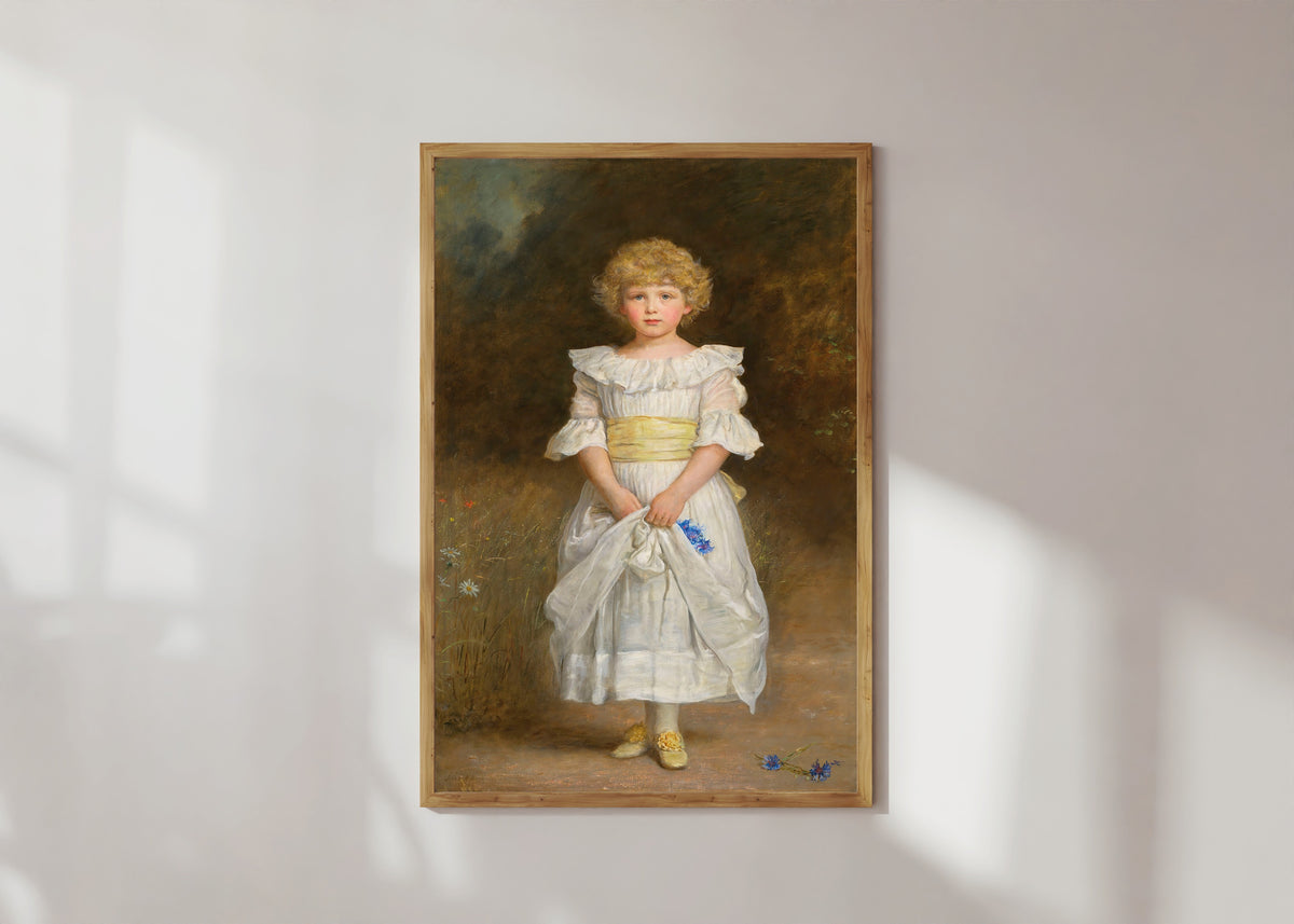 Framed art print of Portrait of Dorothy Lawson by John Everett Millais, in a light wood frame on a sunlit white wall