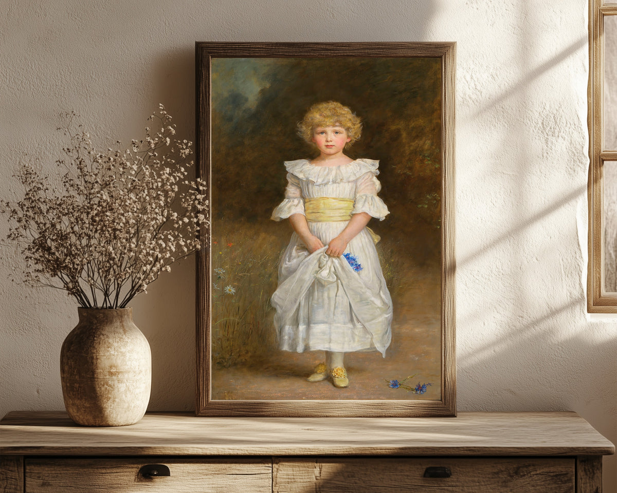 Framed art print of Portrait of Dorothy Lawson by John Everett Millais, in a dark wood frame leaning on a rustic console beside dried flowers