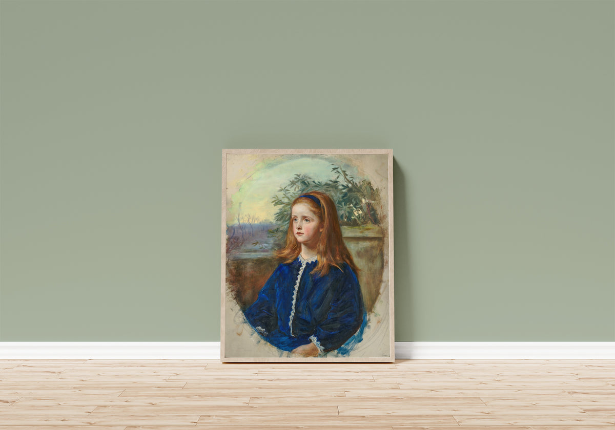 Framed art print of Portrait of Margaret Fuller Maitland by John Everett Millais, in a light wood frame leaning on a sage green wall above a wooden floor