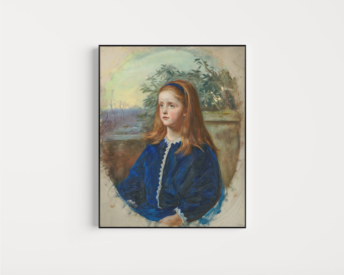 Framed art print of Portrait of Margaret Fuller Maitland by John Everett Millais, in a slim black frame on a plain white wall