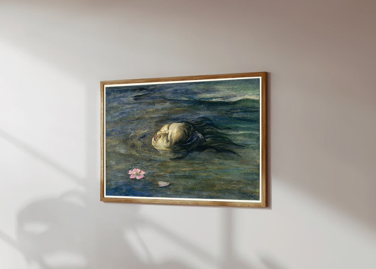Framed art print of The Strange Thing Little Kiosai Saw in the River by John La Farge, in a light wood frame on a sunlit white wall, seen at a slight angle