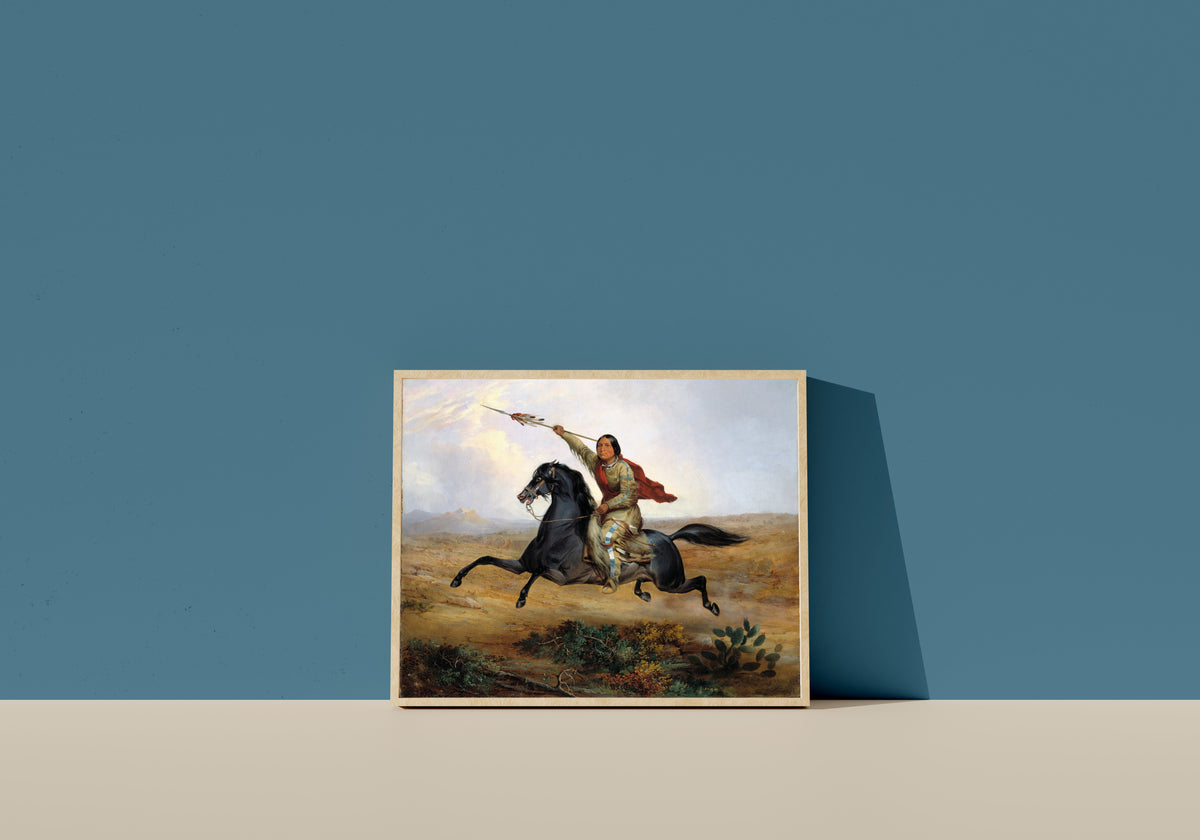 Framed art print of Ko-rak-koo-kiss, a Towoccono Warrior by John Mix Stanley, in a light wood frame leaning on a blue wall