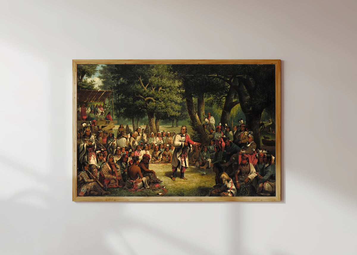 Framed art print of The Trial of Red Jacket by John Mix Stanley, in a light wood frame on a sunlit white wall