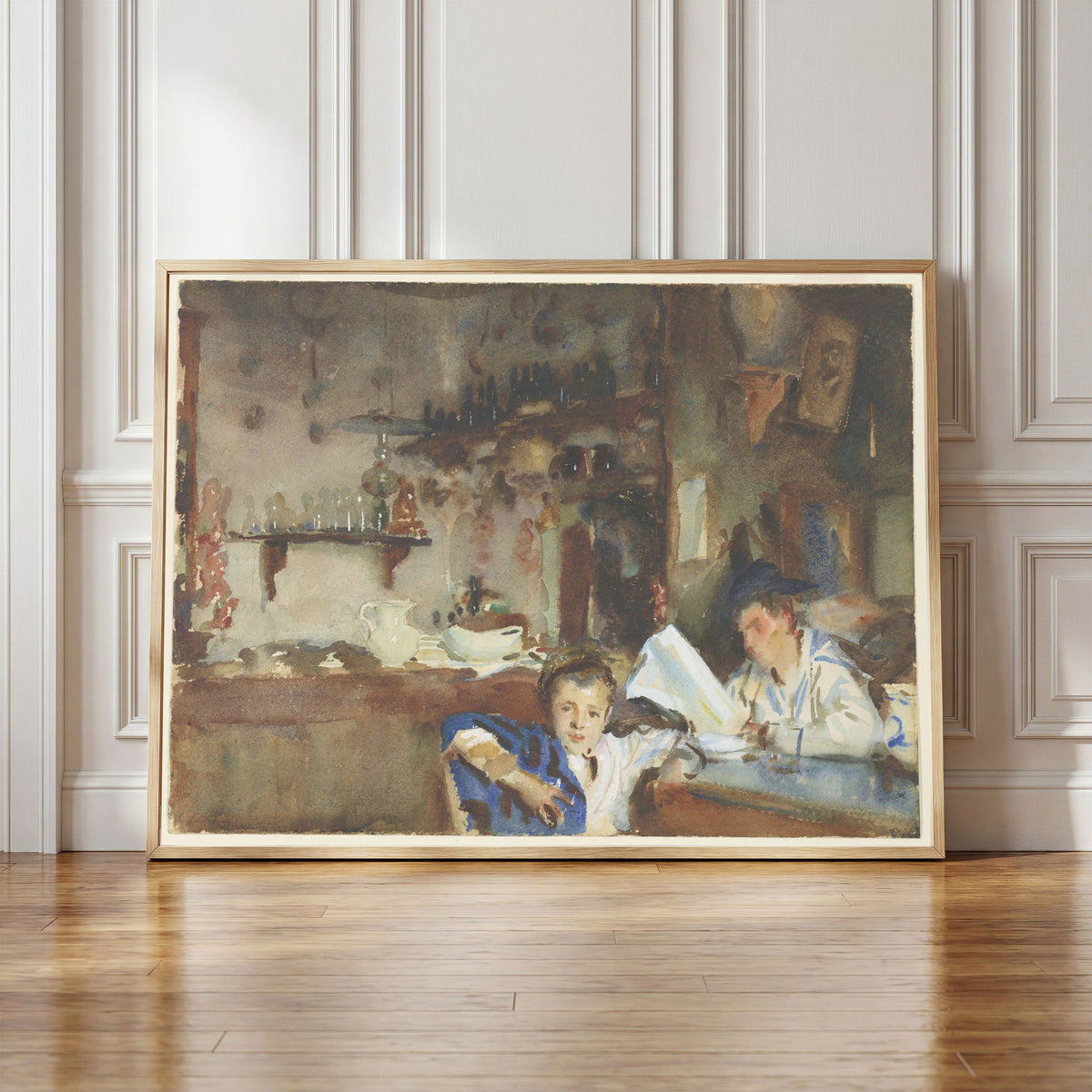 Framed art print of A Venetian Trattoria by John Singer Sargent, in a light wood frame leaning against a panelled white wall