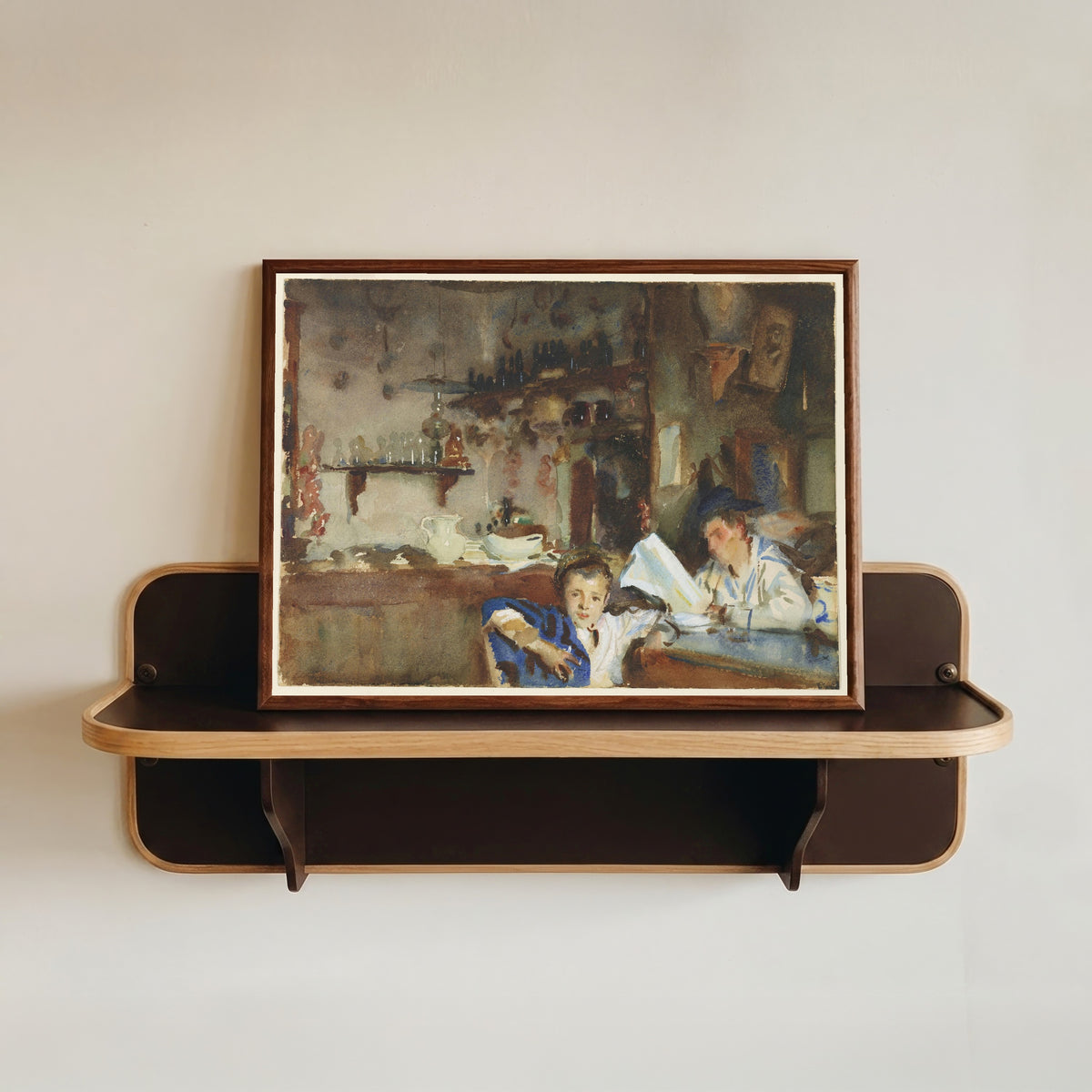 Framed art print of A Venetian Trattoria by John Singer Sargent, in a dark wood frame resting on a wall shelf