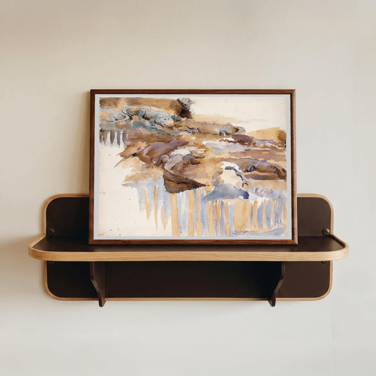 Framed art print of Alligators by John Singer Sargent, in a dark wood frame resting on a wall shelf