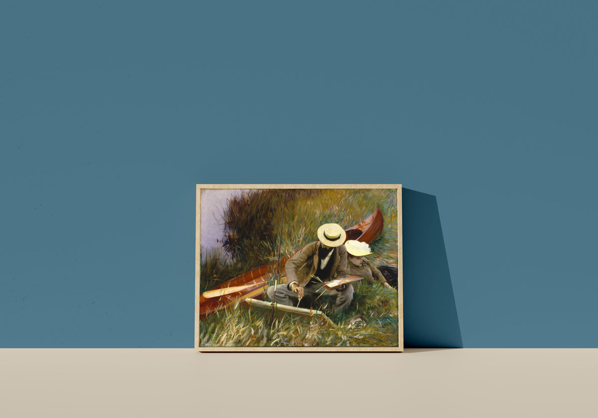 Framed art print of An Out-of-Doors Study by John Singer Sargent, in a light wood frame leaning on a blue wall