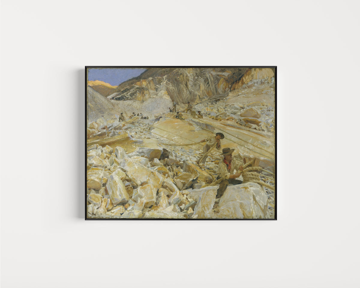 Framed art print of Bringing Down Marble from the Quarries to Carrara by John Singer Sargent, in a slim black frame on a plain white wall