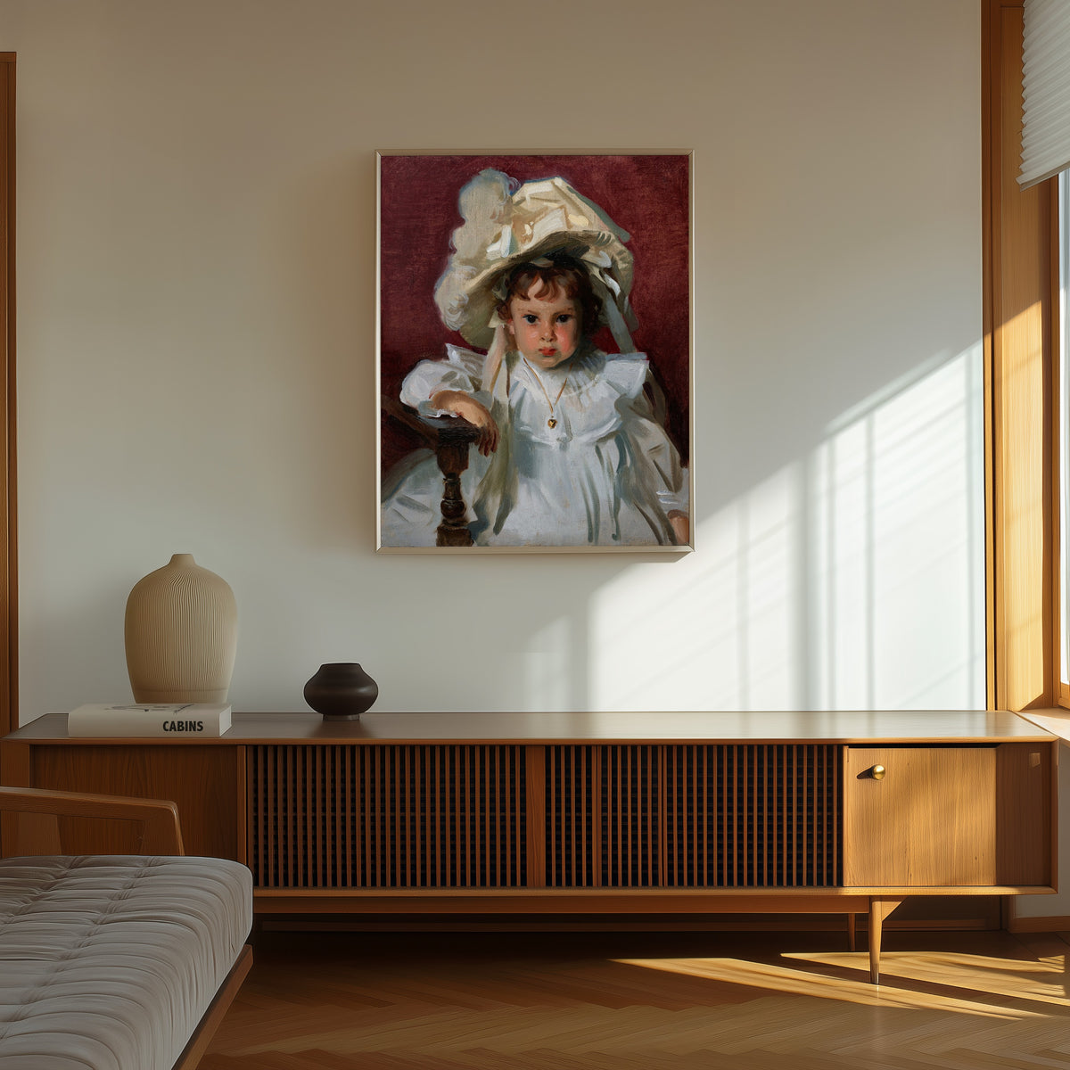 Framed art print of Dorothy by John Singer Sargent, in a thin light frame on a sunlit wall above a wooden sideboard