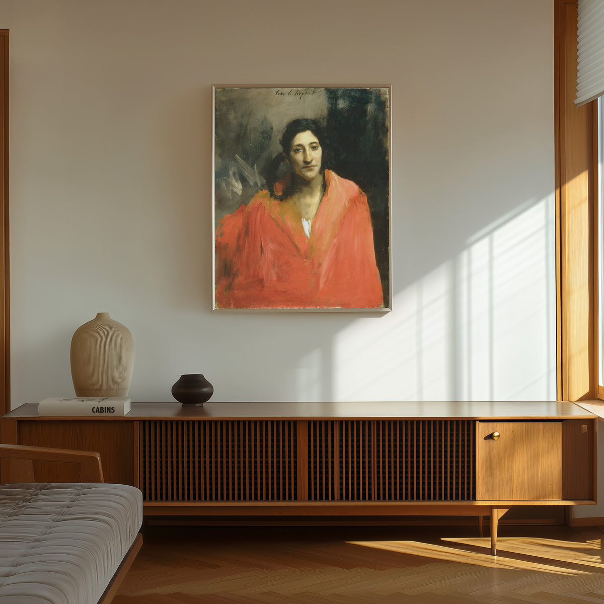 Framed art print of Gitana by John Singer Sargent, in a thin light frame on a sunlit wall above a wooden sideboard