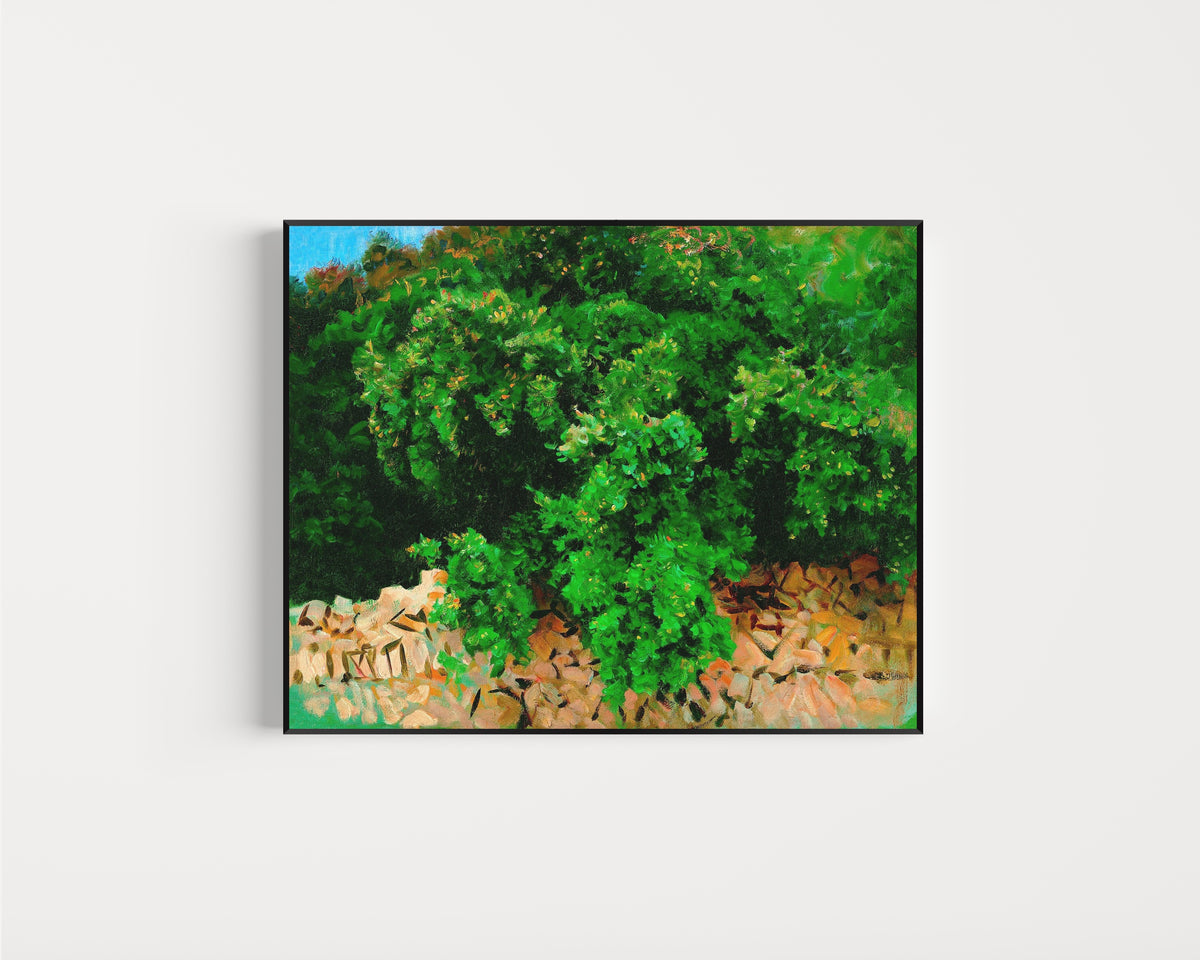 Framed art print of Ilex Wood, Majorca by John Singer Sargent, in a slim black frame on a plain white wall