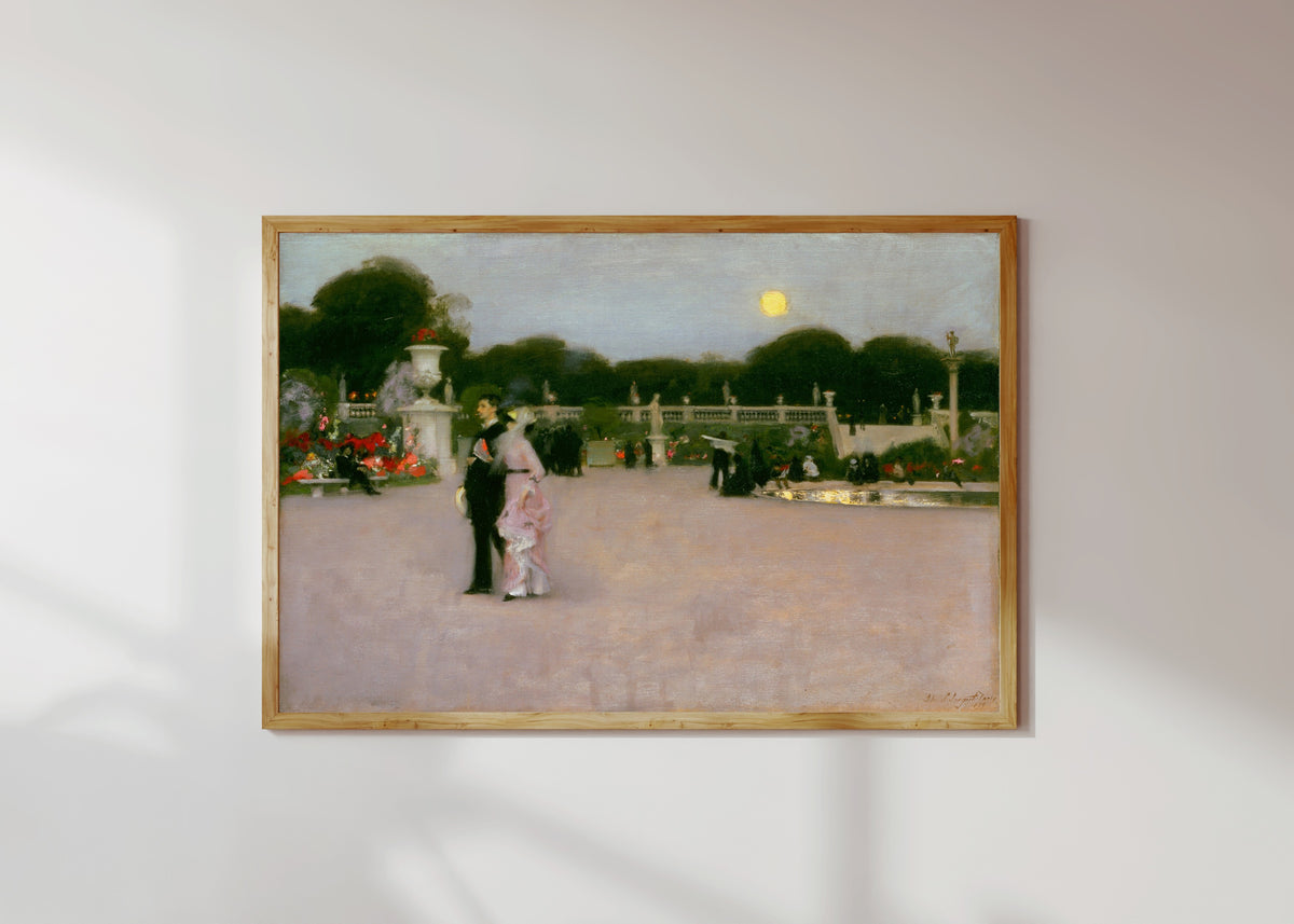 Framed art print of In the Luxembourg Gardens by John Singer Sargent, in a light wood frame on a sunlit white wall