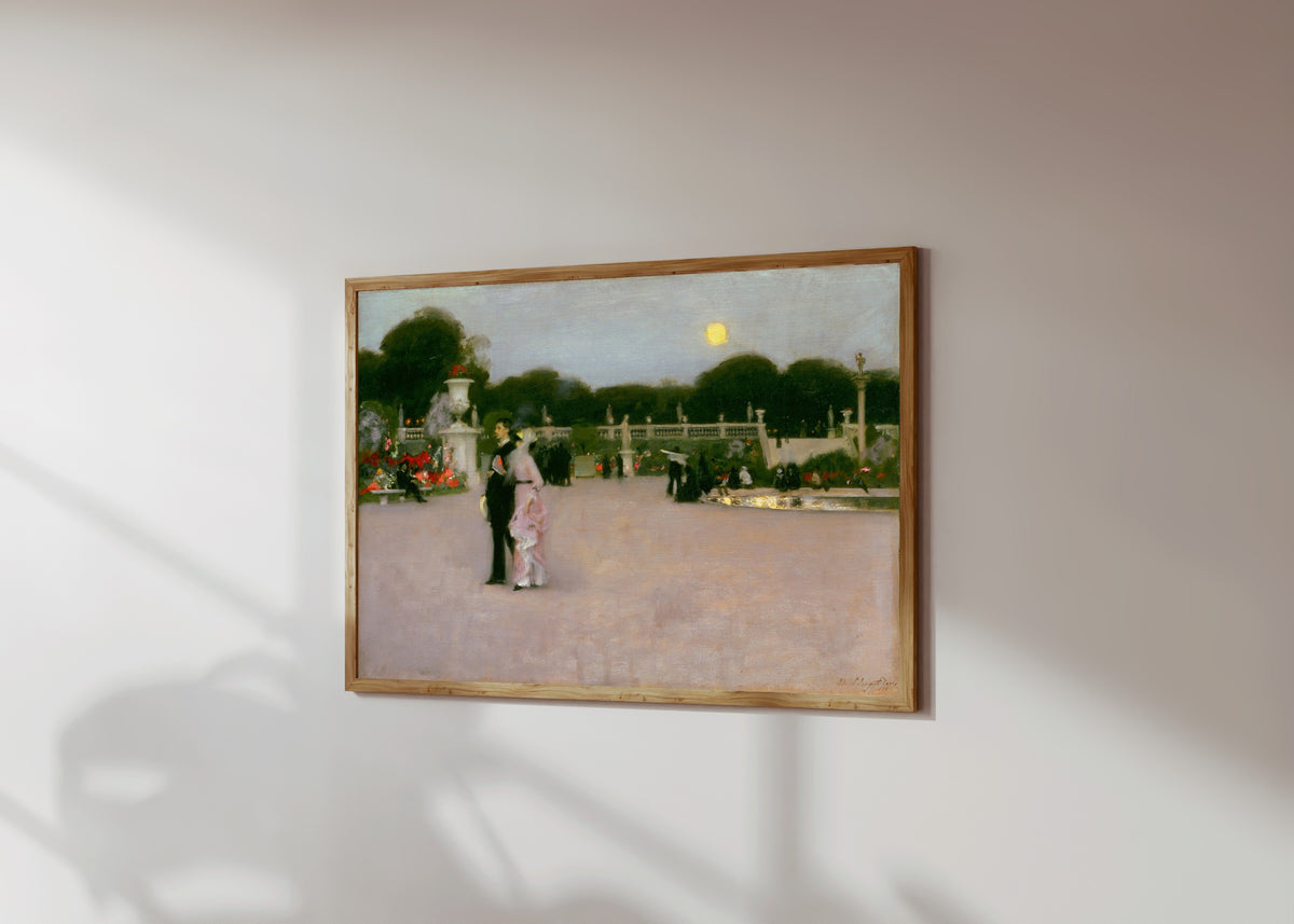 Framed art print of In the Luxembourg Gardens by John Singer Sargent, in a light wood frame on a sunlit white wall, seen at a slight angle