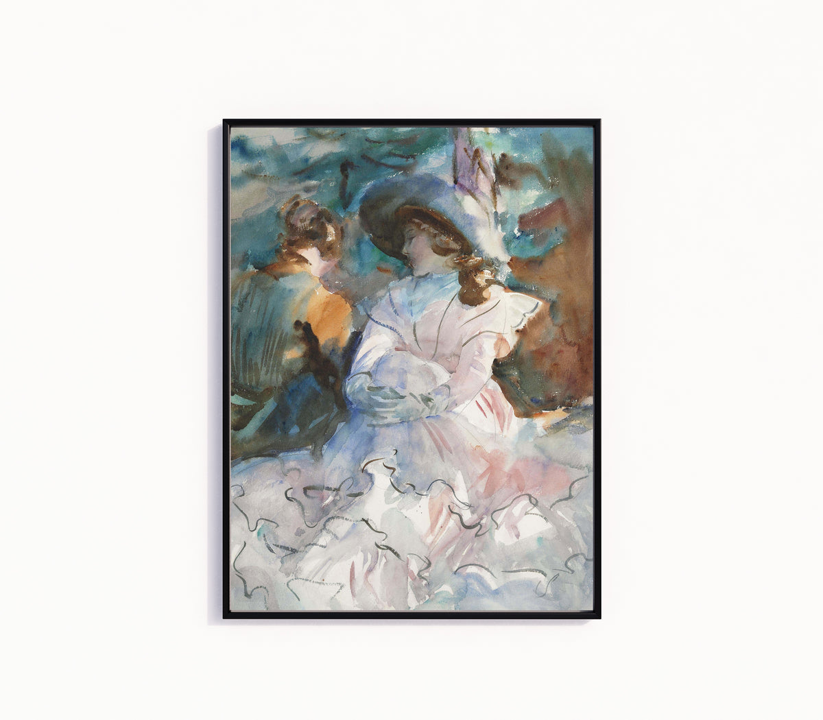Framed art print of Ladies in the Shade, Abriès by John Singer Sargent, in a slim black frame on a plain white wall
