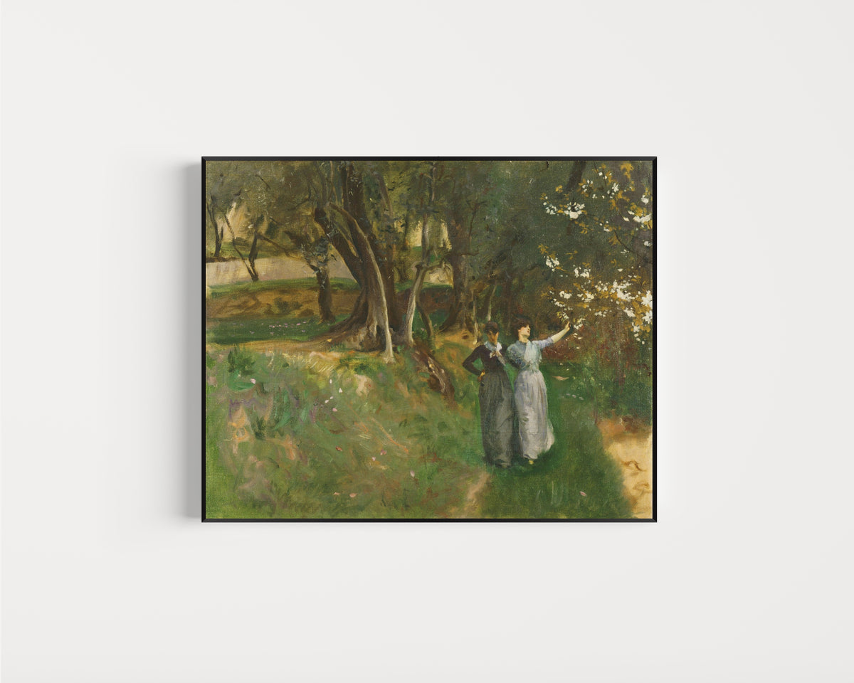Framed art print of Landscape with Women in Foreground by John Singer Sargent, in a slim black frame on a plain white wall