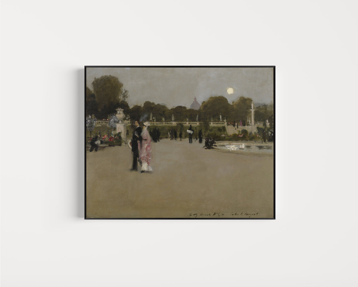 Framed art print of Luxembourg Gardens at Twilight by John Singer Sargent, in a slim black frame on a plain white wall