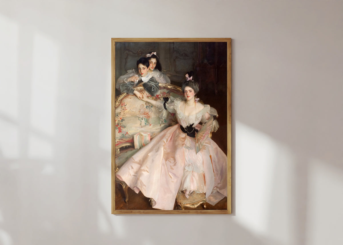 Framed art print of Mrs Carl Meyer and Her Children by John Singer Sargent, in a light wood frame on a sunlit white wall