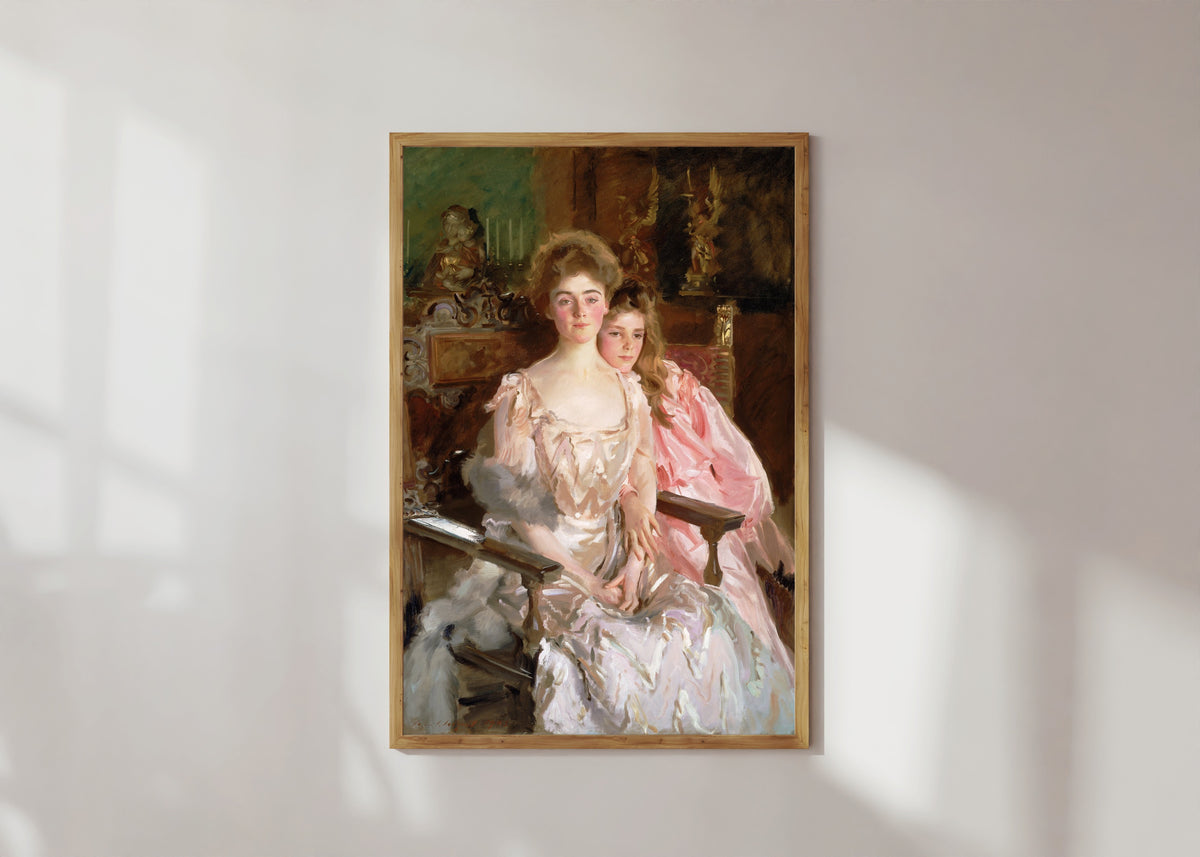 Framed art print of Mrs. Fiske Warren (Gretchen Osgood) and Her Daughter Rachel by John Singer Sargent, in a light wood frame on a sunlit white wall