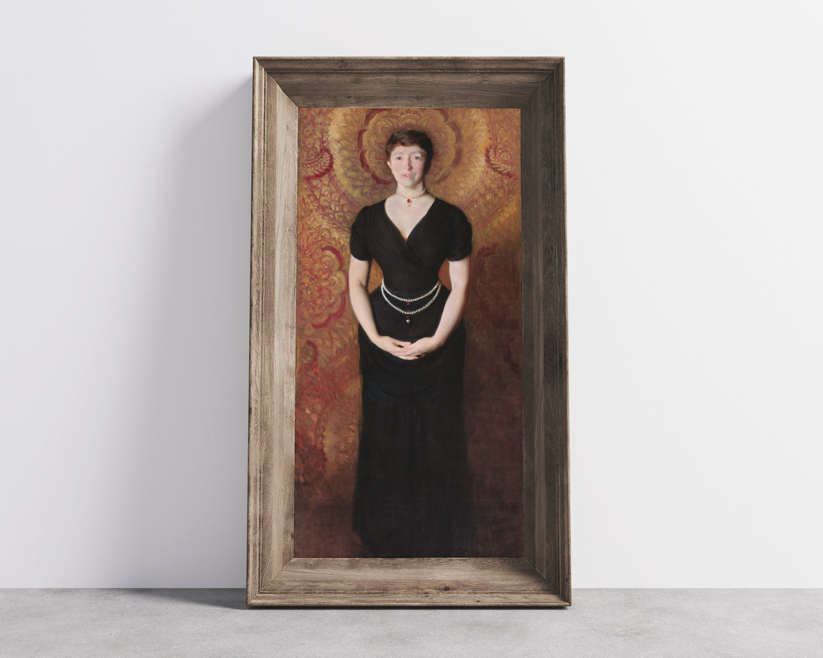 Framed art print of Portrait of Isabella Stewart Gardner by John Singer Sargent, in a wide wooden frame leaning against a concrete wall