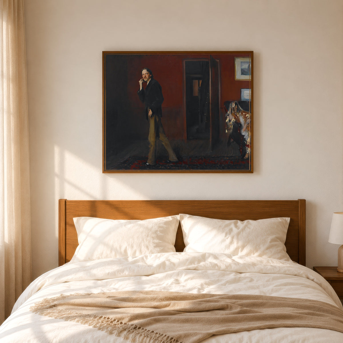 Framed art print of Robert Louis Stevenson and His Wife by John Singer Sargent, in a slim wood frame above a bed in a sunlit bedroom