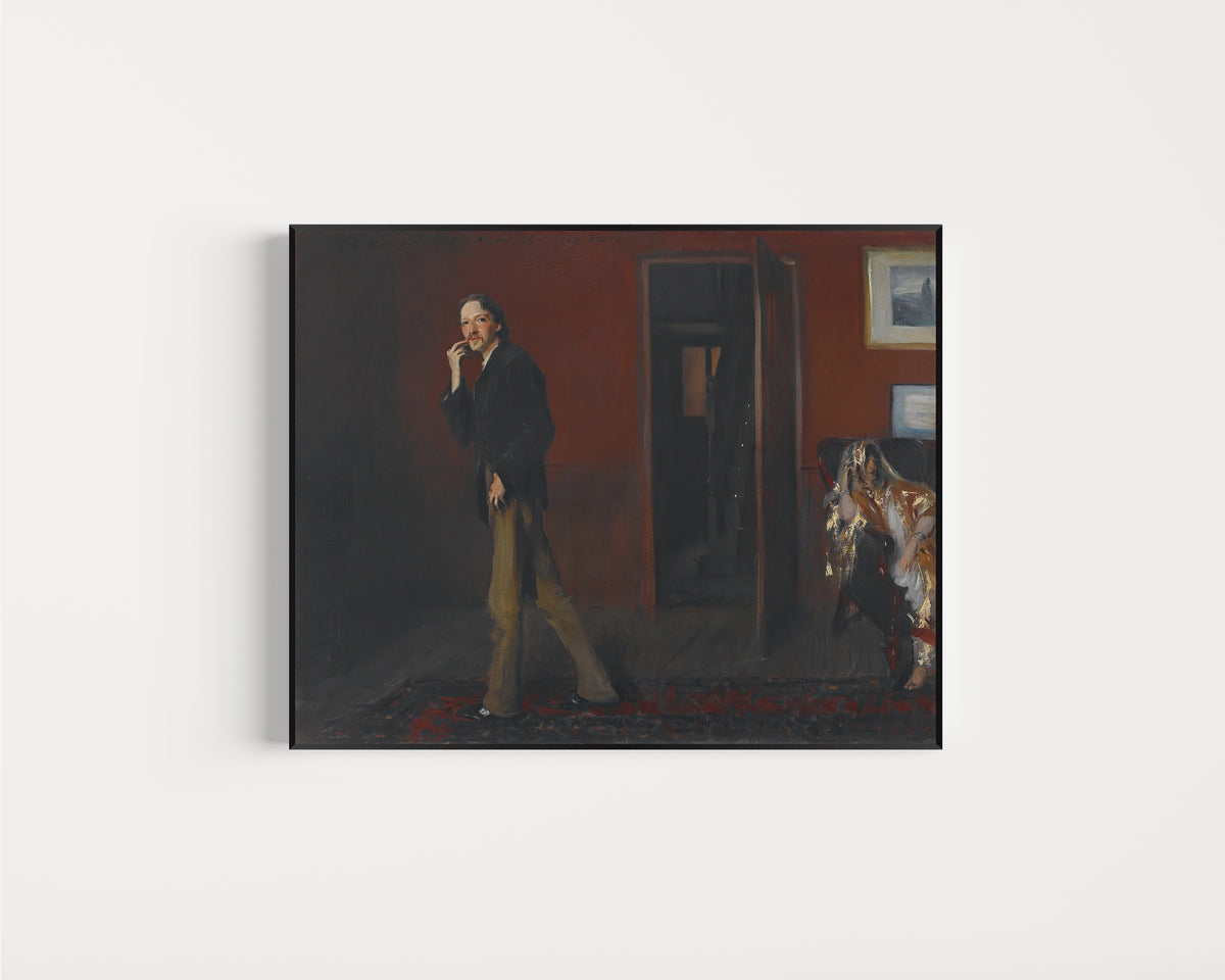 Framed art print of Robert Louis Stevenson and His Wife by John Singer Sargent, in a slim black frame on a plain white wall