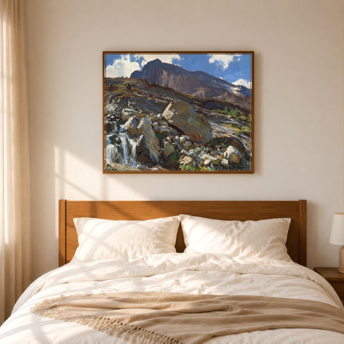 Framed art print of Simplon Pass by John Singer Sargent, in a slim wood frame above a bed in a sunlit bedroom