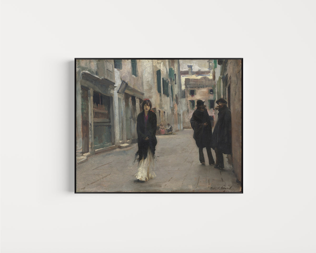 Framed art print of Street in Venice (Woman in a Black Shawl) by John Singer Sargent, in a slim black frame on a plain white wall