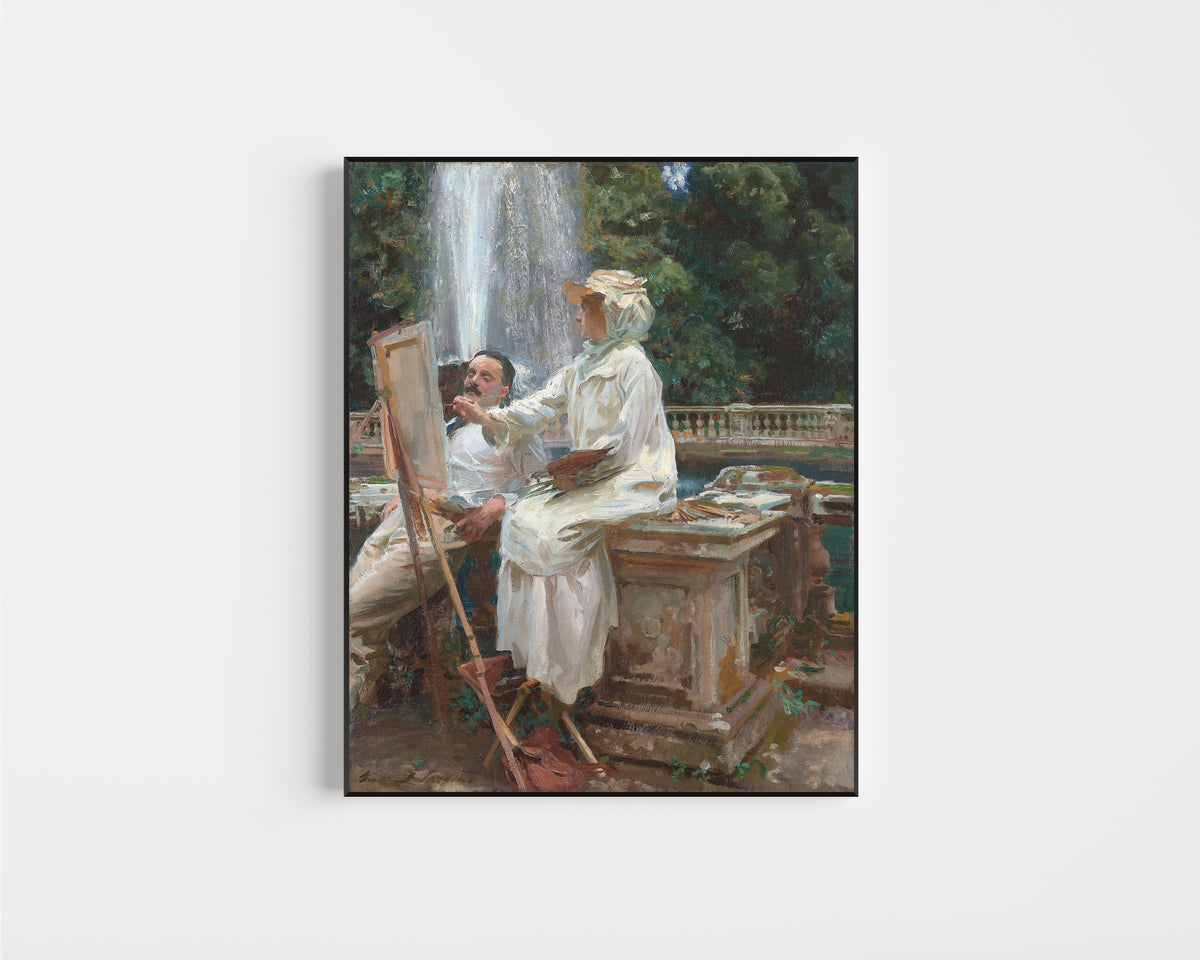 Framed art print of The Fountain, Villa Torlonia, Frascati by John Singer Sargent, in a slim black frame on a plain white wall