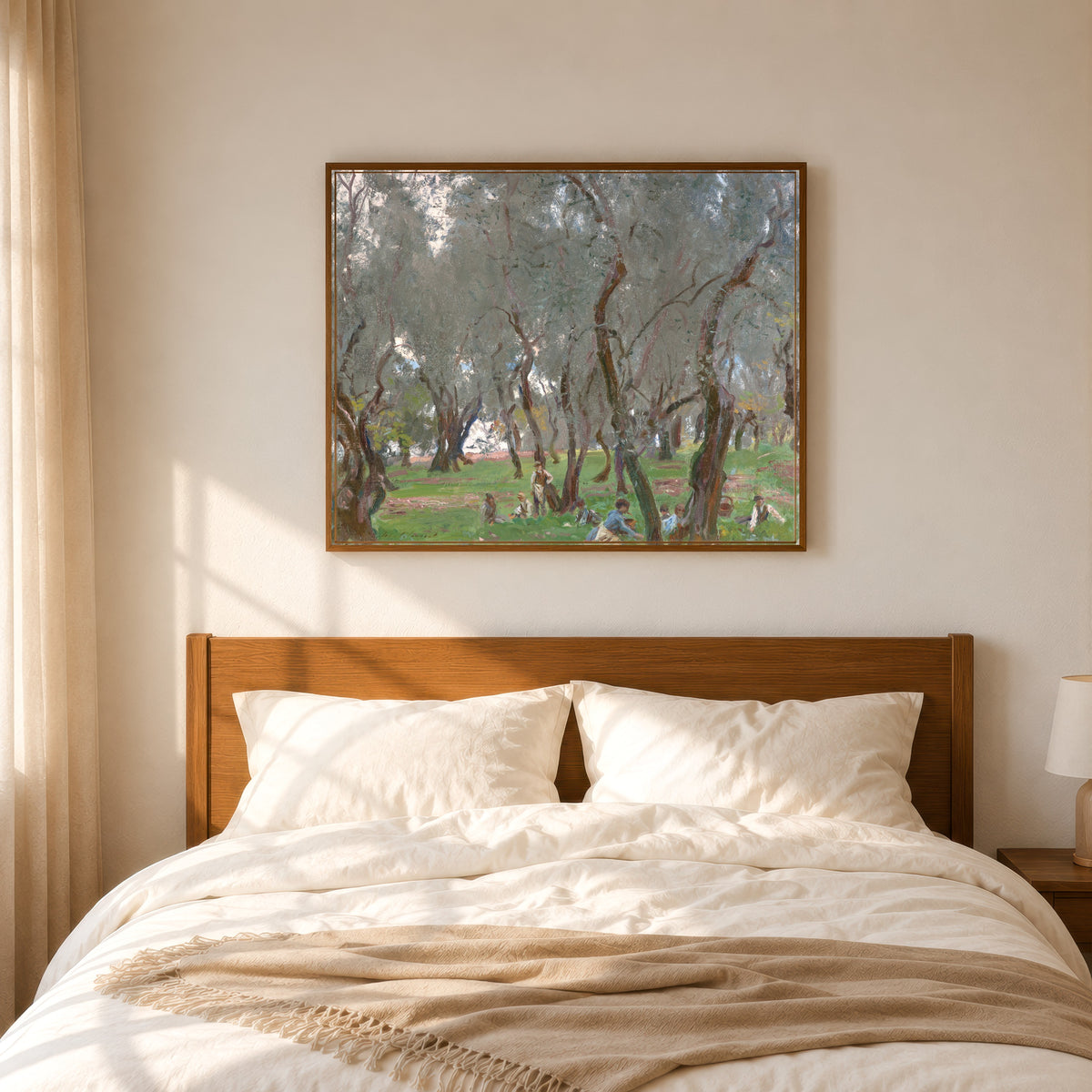 Framed art print of The Olive Grove by John Singer Sargent, in a slim wood frame above a bed in a sunlit bedroom