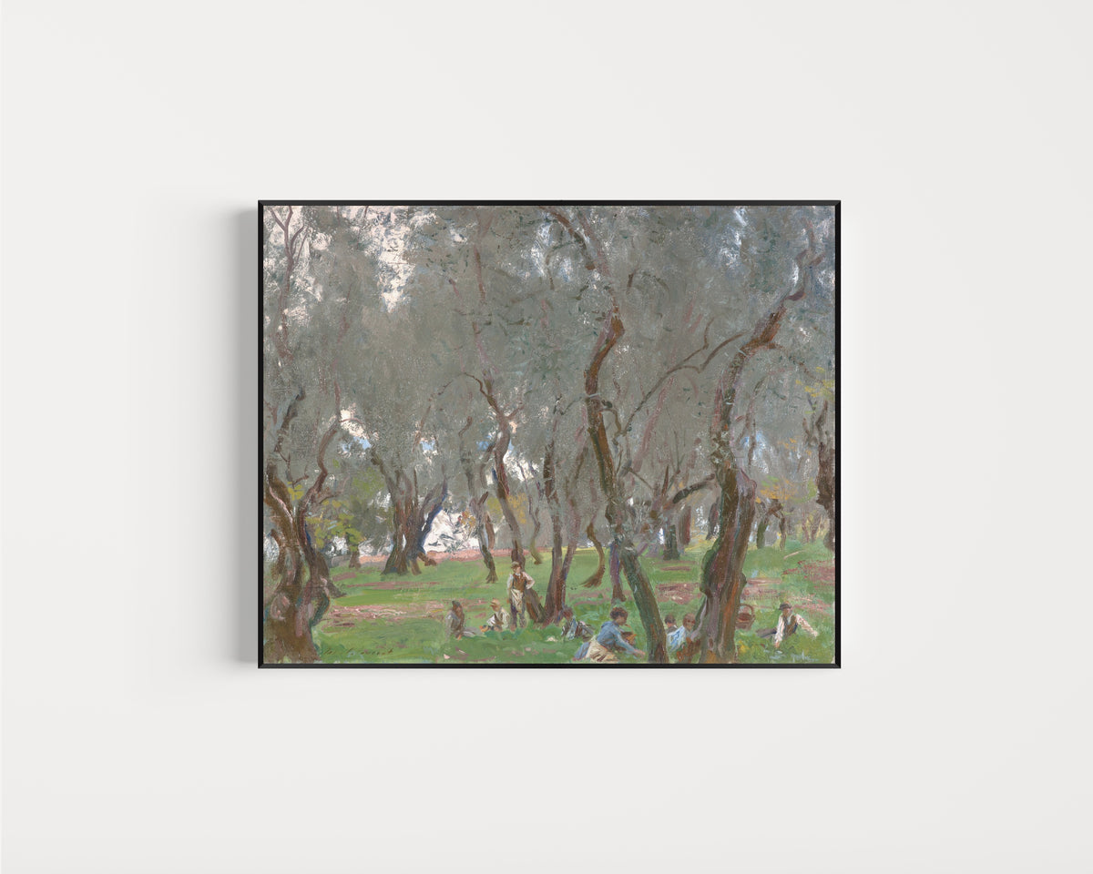 Framed art print of The Olive Grove by John Singer Sargent, in a slim black frame on a plain white wall