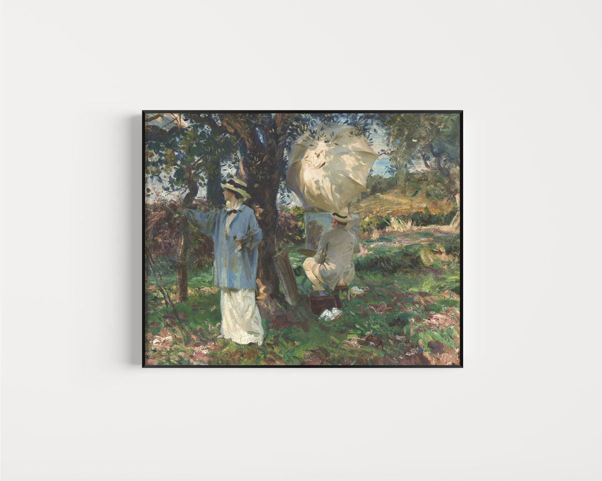 Framed art print of The Sketchers by John Singer Sargent, in a slim black frame on a plain white wall